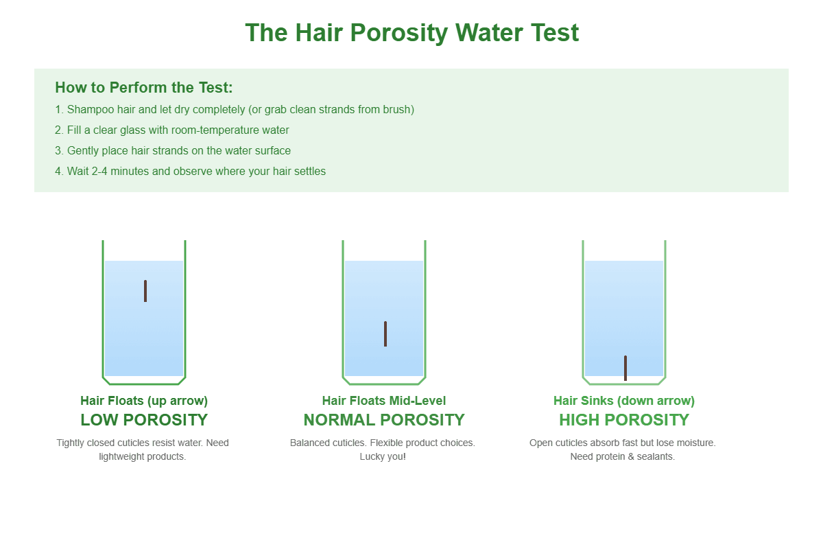 Hair porosity water test illustration showing low, medium, and high porosity results in three glasses of water