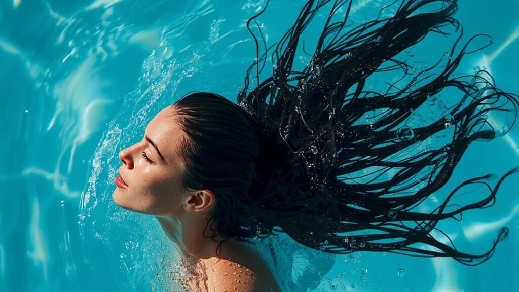 Woman swimming in pool with long dark hair flowing through water — natural hair care routine to protect hair from chlorine damage