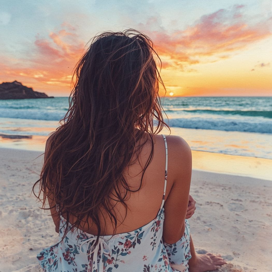 Woman sitting on beach at sunset with healthy natural hair — post-beach hair care restore ritual with Ahimsa natural products