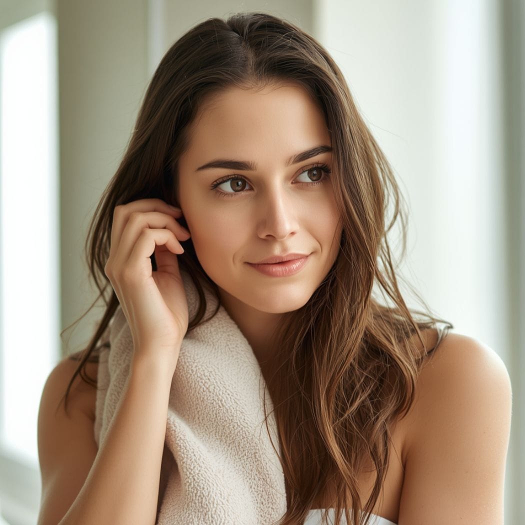 Woman applying leave-in conditioner to damp hair after workout — post-workout hair care routine for active women