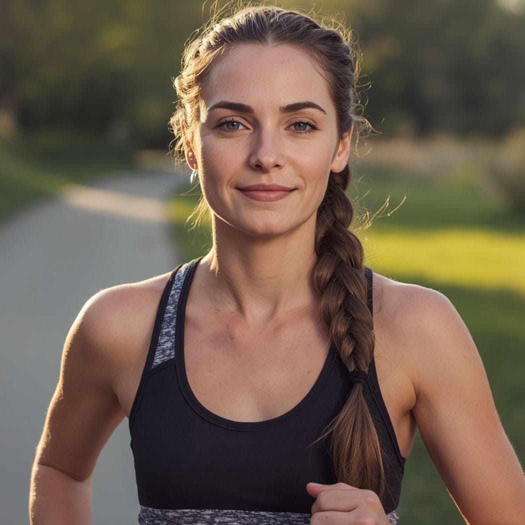 Woman running outdoors with a flat French braid — protective workout hairstyle for runners