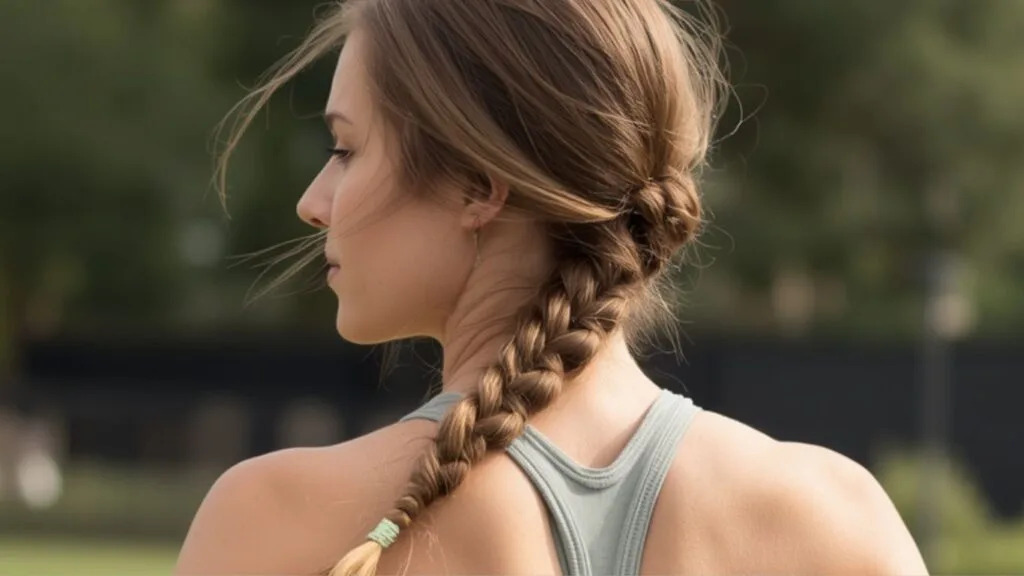 Woman in activewear with a French braid running outdoors — best hairstyles for workout and scalp health