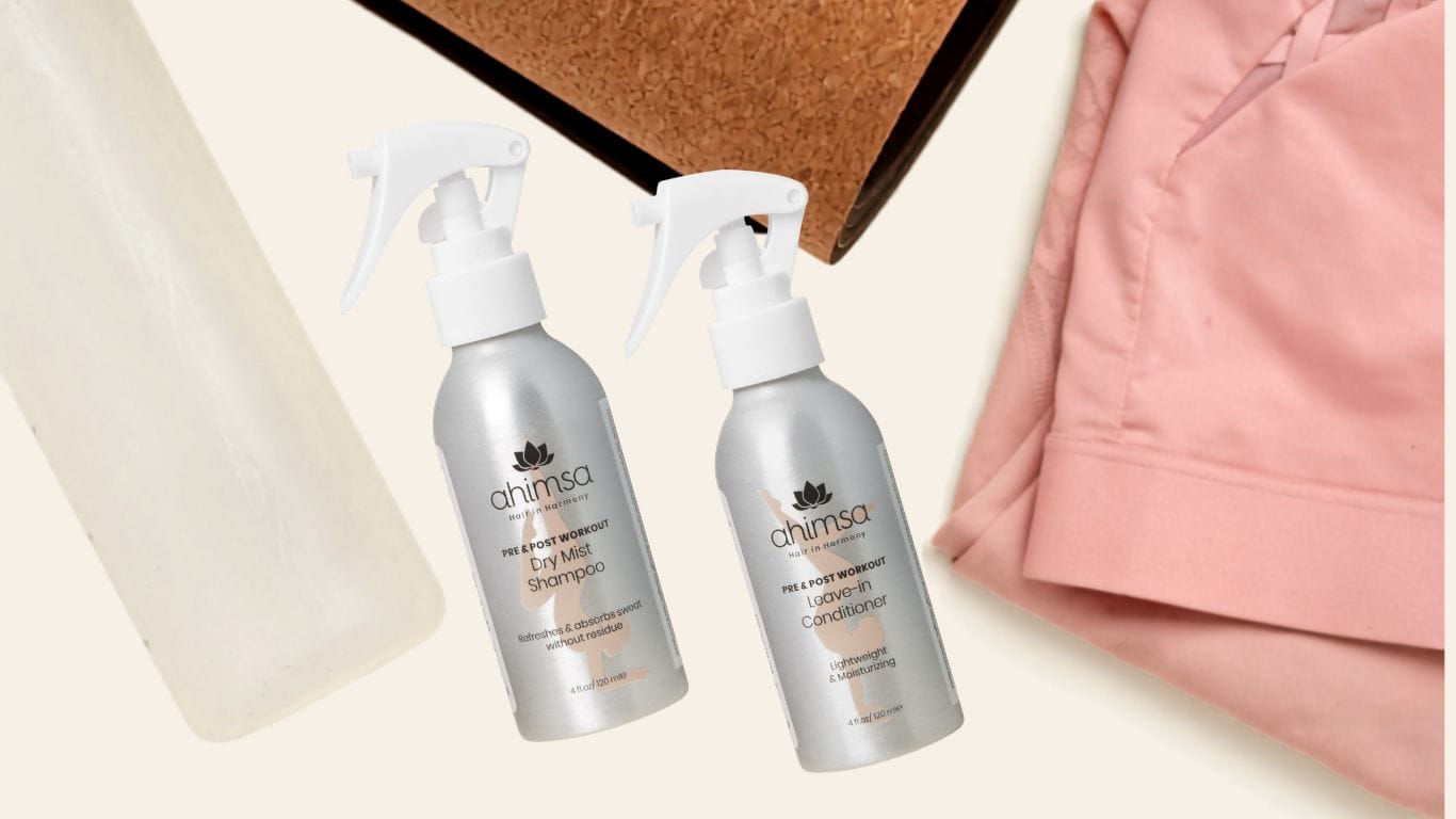Ahimsa Dry Mist Shampoo and Leave-in Conditioner gym bag hair kit — clean active hair care essentials for women