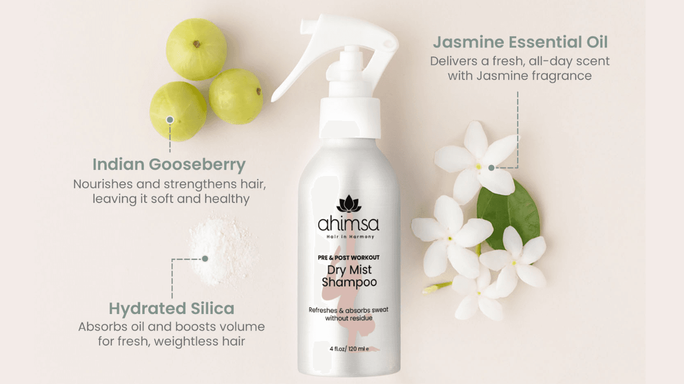 Ahimsa Dry Mist Shampoo with Indian Gooseberry and Jasmine Essential Oil — clean non-aerosol dry shampoo ingredients