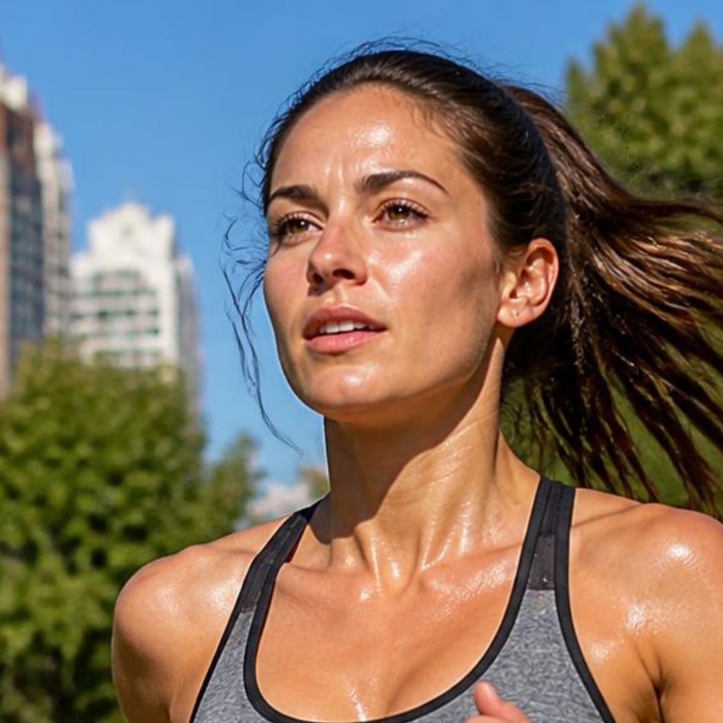 Woman runner with sweat on scalp and hair — what running does to your hair and scalp health 