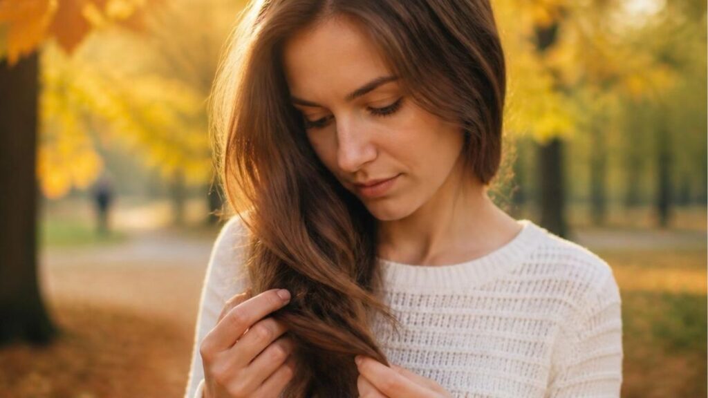 Woman examining hair in autumn park — why hair sheds more in fall and what to do about seasonal shedding