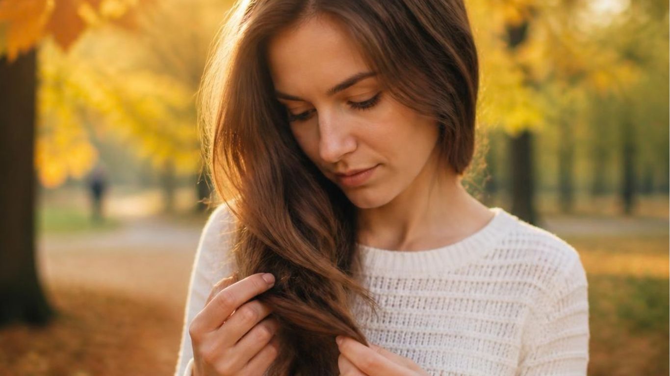 Woman examining hair in autumn park — why hair sheds more in fall and what to do about seasonal shedding