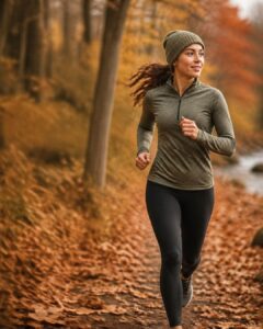  Woman in winter hat and activewear — hat and hood friction on hair during fall and winter workouts 
